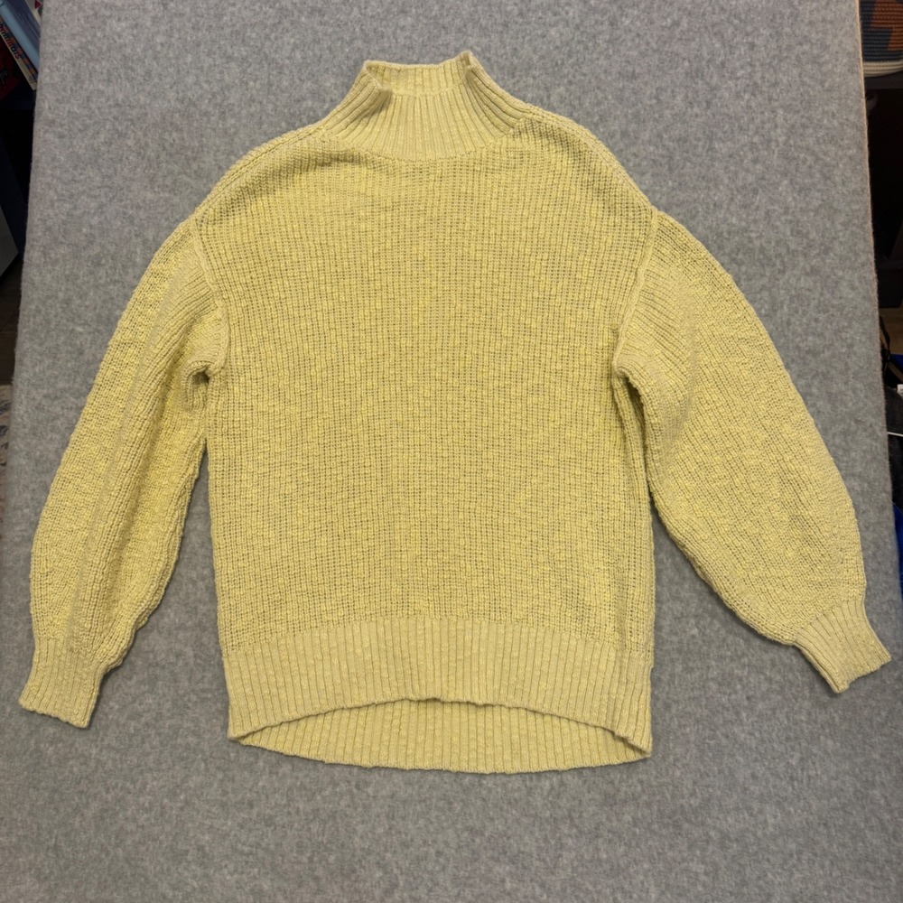 Aerie Women Yellow Cotton Chunky Popcorn Knit‎ Mock Neck Sweater Size Medium